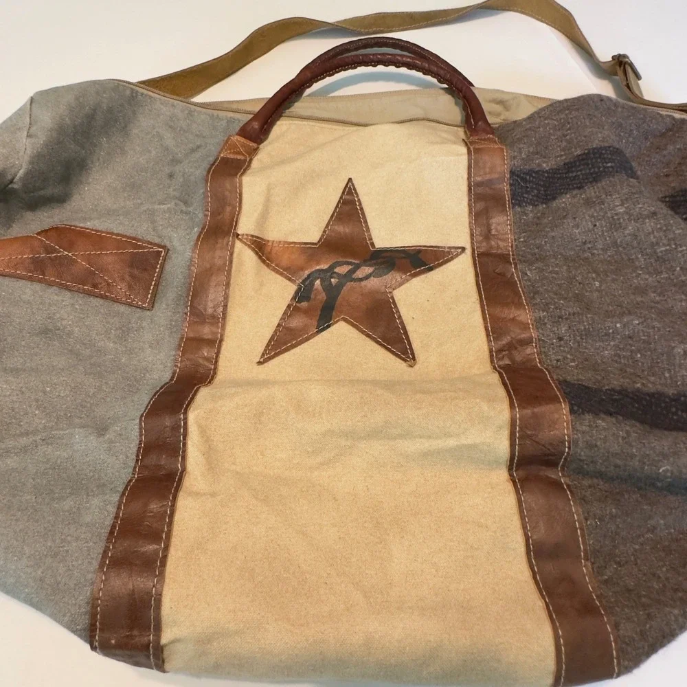The Barrel Shack Canvas Leather Duffel Bag Weekender Travel Bag Star Graphic